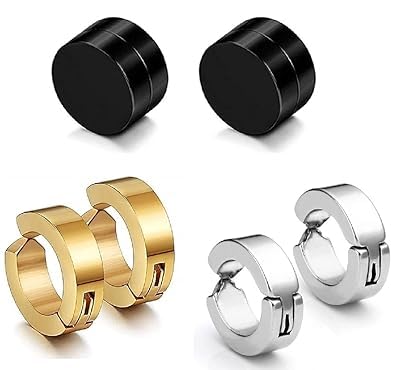 Klara by kalra  Non-Piercing And (8mm Medium Size) Magnetic Style Clip On Metal Barbell Earring Hoop Bali Stud For Men And Women (Combo of 3)